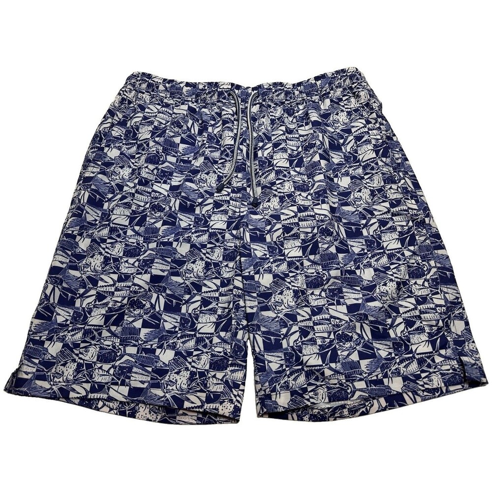 Men's Peter Millar Seaside Check Bait Swim Trunks 8" Size Medium Blue White